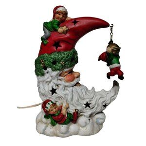Santa & Elves Cresent Moon Christmas Ceramic Light-Up Electrical‎ Nightlight Vtg